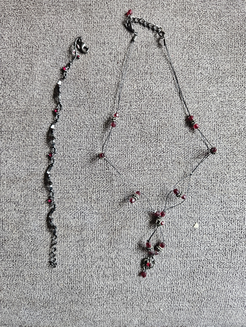 Delicate Gunmetal Necklace & Bracelet Set with Red Beads